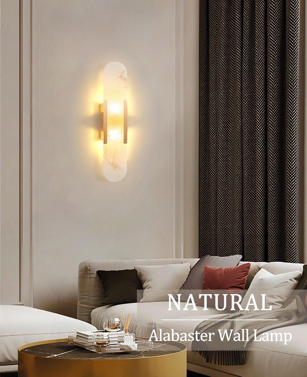 OROILUPU 19.7" Alabaster Wall Sconce Natural Marble Sconce Indoor Mid Century Modern Wall Light Oval Stone Lampshade Vanity Light Fixtures for Living Room Bedroom Dining Room Hallway (Gold)