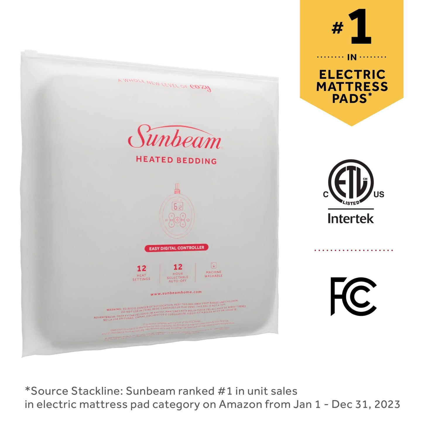 Sunbeam Electric Heated Mattress Pad Queen 80" x 60" 12 Heat Settings 12-Hour Auto Shut-Off Fast Heating Soft Cozy Fabric Deep Pocket Skirt Machine Washable