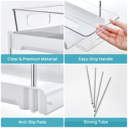 Vtopmart 4 Pack Bathroom Organizer, 2 Tier Clear Under Sink Organizers Vanity Countertop Storage Container,Cabinet Drawers Bins, Pull-Out Organization with Track for Pantry, Kitchen