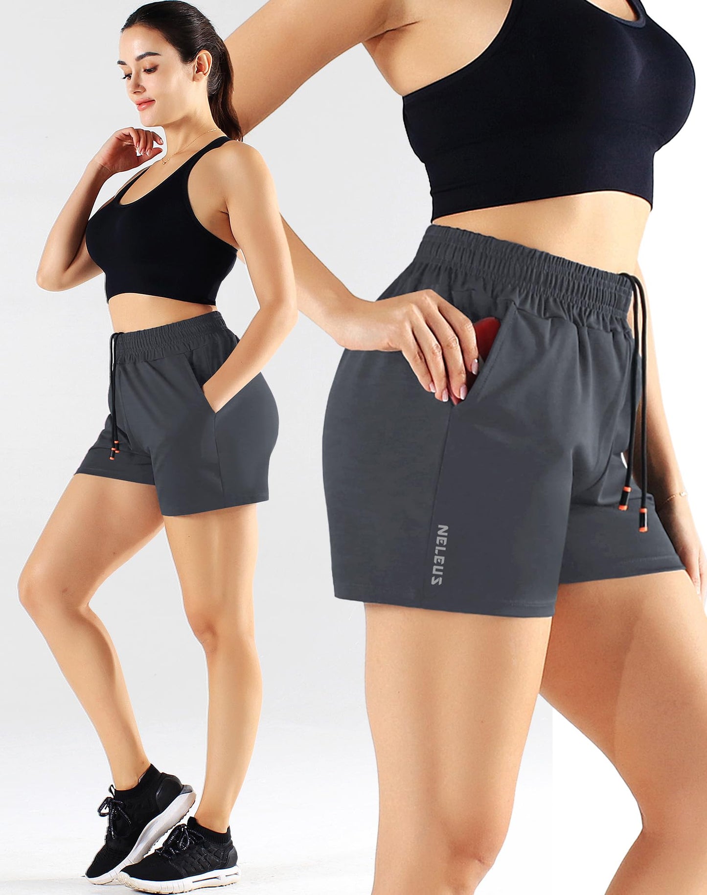 NELEUS Women's 4 Inches Running Shorts Workout Athletic Short for Yoga with Pocket,9066,Black/Grey/Navy Blue,3 Pack,Large