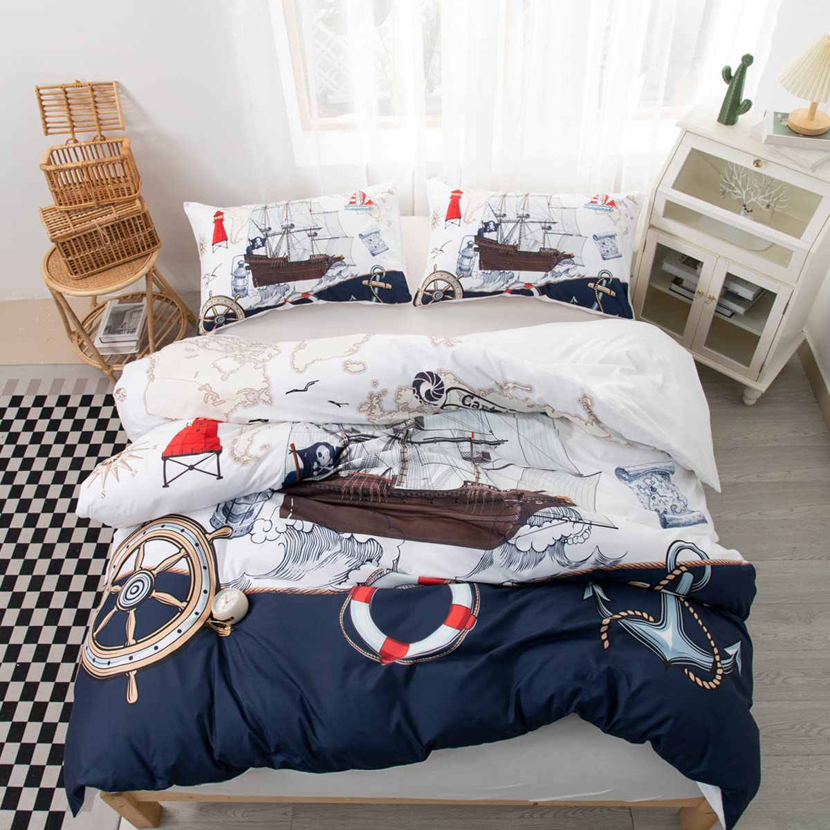 CVHOUSE Nautical Bedding Set Queen Size,Nautical Sailboat Bed for Boys Teens,Ocean Themed Sailing Anchor Comforter Cover Soft,Anchor Duvet Quilt Queen 89'x89'