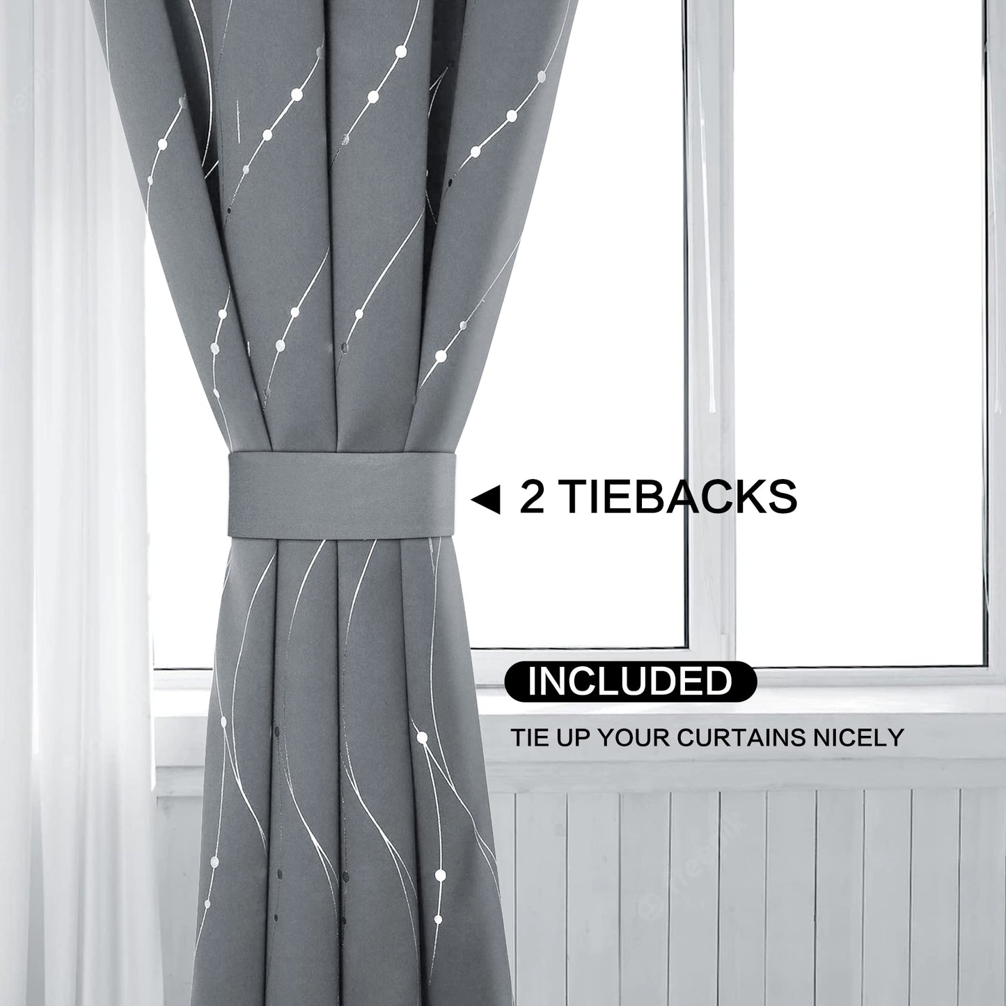 BUHUA Blackout Curtains for Bedroom 2 Panels Set, Grommet Thermal Insulated Room Darkening Window Curtains & Drapes with Wave Line and Dots Printed for Living Room, 38W x 84L Inch, Light Grey
