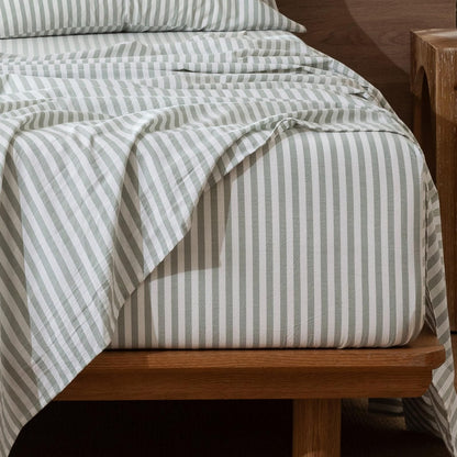 MooMee Striped Fitted Bottom Sheet Only 100% Washed Cotton Linen Like Textured Breathable Durable Soft Comfy Deep Pocket Fits Mattress up to 17" (Sage Green White Classic Stripes, Queen)
