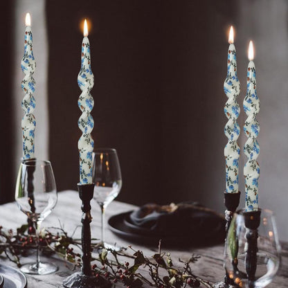 Floral Taper Candle Forget-Me-Not Unscented Spiral Candlesticks Printed Handmade Candles 10 Inch Long Twisted Candle for Home Decor Wedding Holiday Gifts - Set of 4