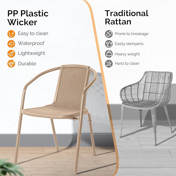 VINGLI PE Rattan Outdoor Dining Chairs Set of 4, Plastic Stackable Patio Chairs for Indoor, Porch, Restaurant, Garden,Champagne