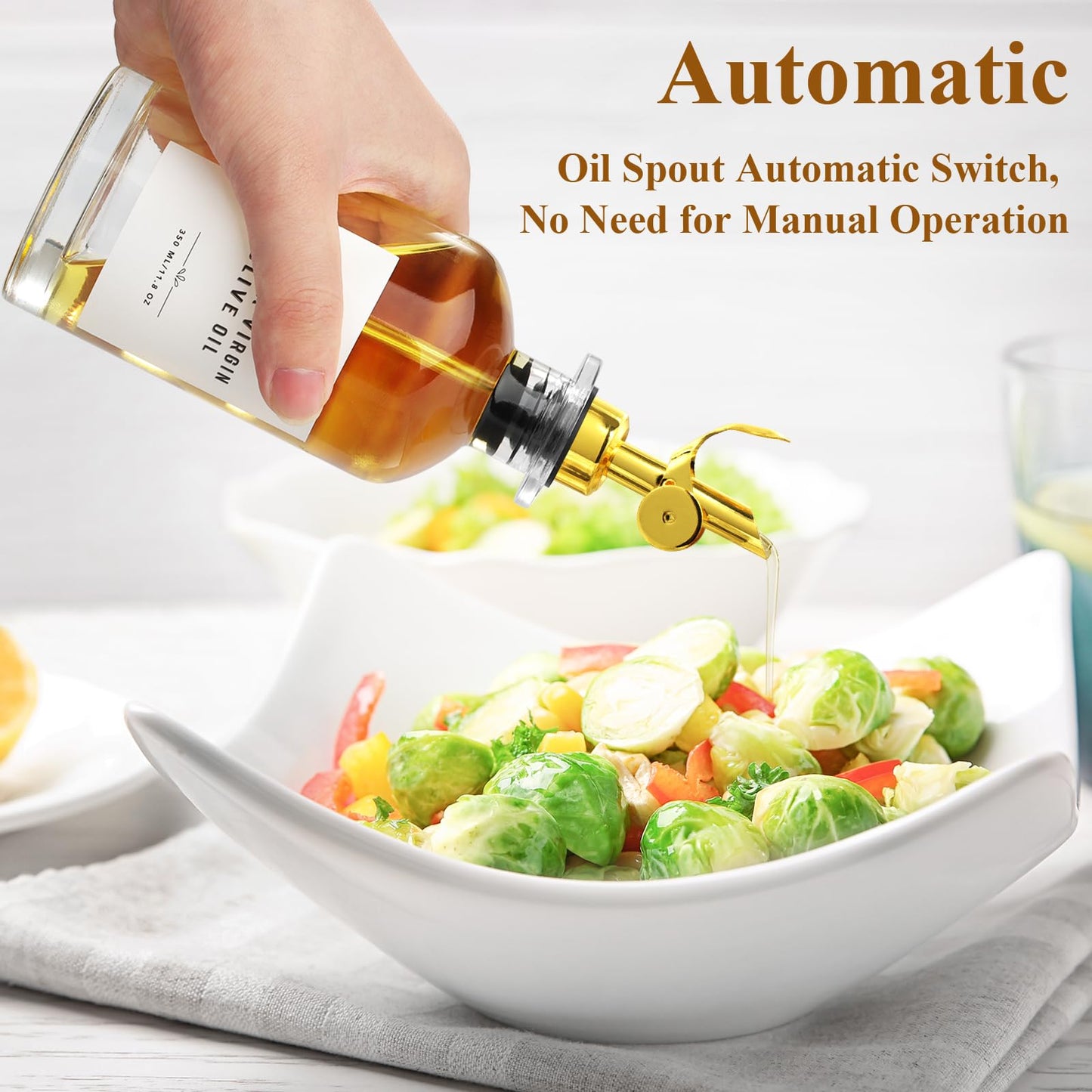 GIXSEGIE Olive Oil Dispenser Bottle with Bamboo Tray, Metal Pour Spout, Coffee Syrup & Cooking Oil Dispenser for Kitchen