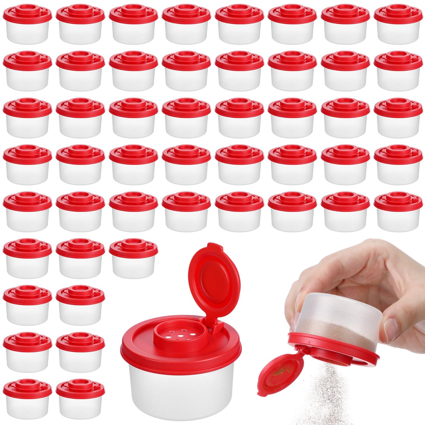 Vesici 50 Pcs Mini Salt and Pepper Shakers with Lids Moisture Proof Set Airtight Spice Dispensers for Travel Camping Kitchen Picnic Lunch Boxes & Dining Table Use Supplies(Red Lids)