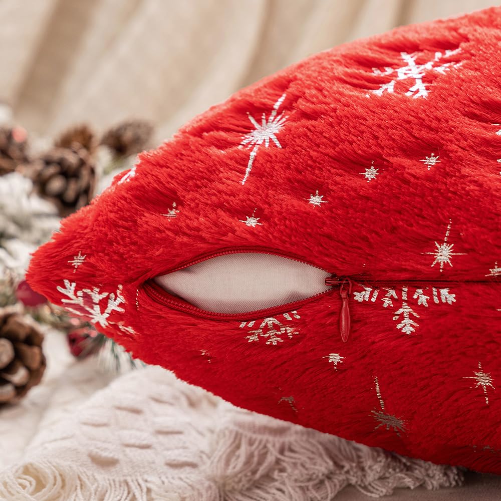 MIULEE Set of 2 Christmas Decorative Throw Pillow Covers Soft Faux Fur Winter Pillow Covers with Silver Snowflake Glitter Holiday Festival Pillowcases for Couch Sofa Bed, 18×18inch, Red