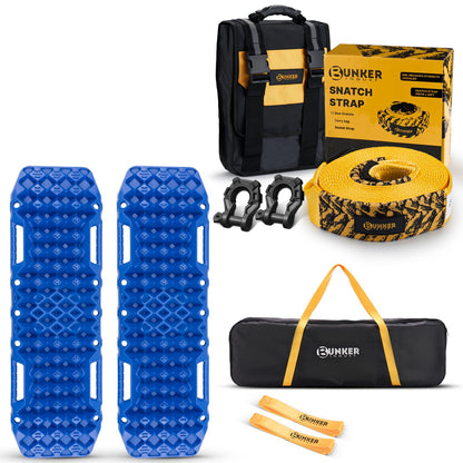 BUNKER INDUST Traction Boards with Jack Base (Blue) + 3" x 30ft Recovery Straps + Pair 3/4 D Ring Shackles + Bag 35,000 lbs Tree Saver Winch Strap
