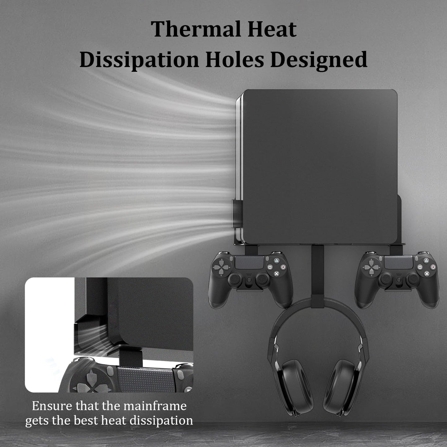 Wall Mount for PS4 Slim with Detachable 2 Controller Holder & Headphone Hanger, Metal Stealth Wall Mount Stand for Playstation 4 Slim