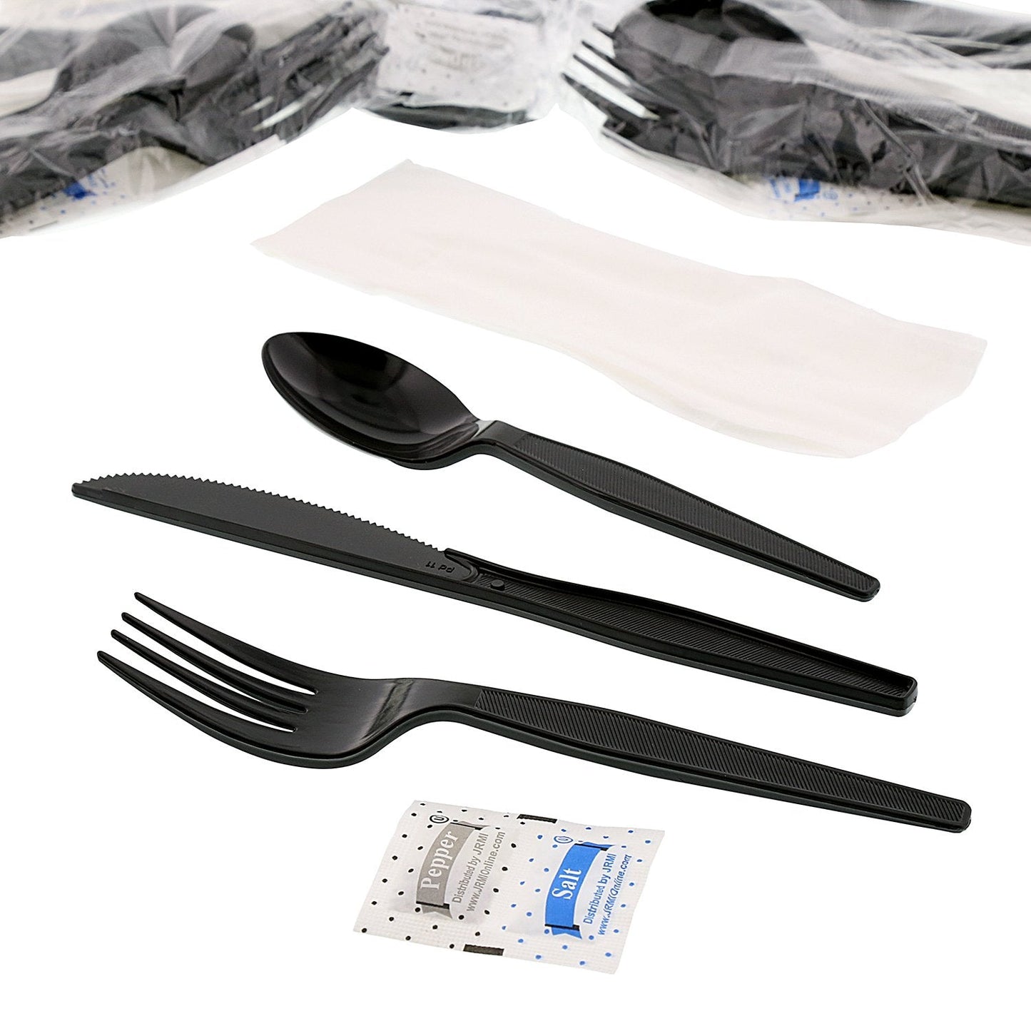 AmerCare Six Piece Meal Kit with 12 x 13 Napkin, Salt and Pepper, Medium-Heavy Weight Fork, Knife, and Teaspoon, Case of 250