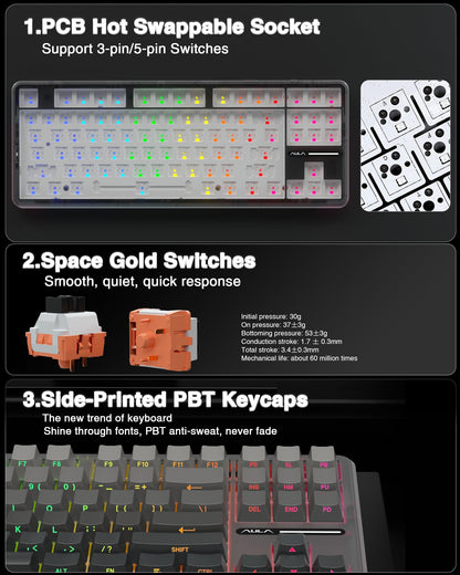 AULA F75 Pro Wireless Mechanical Keyboard,75% Hot Swappable Custom Keyboard with Knob,RGB Backlit,Pre-lubed Reaper Switches,Side Printed PBT Keycaps,2.4GHz/USB-C/BT5.0 Mechanical Gaming Keyboards