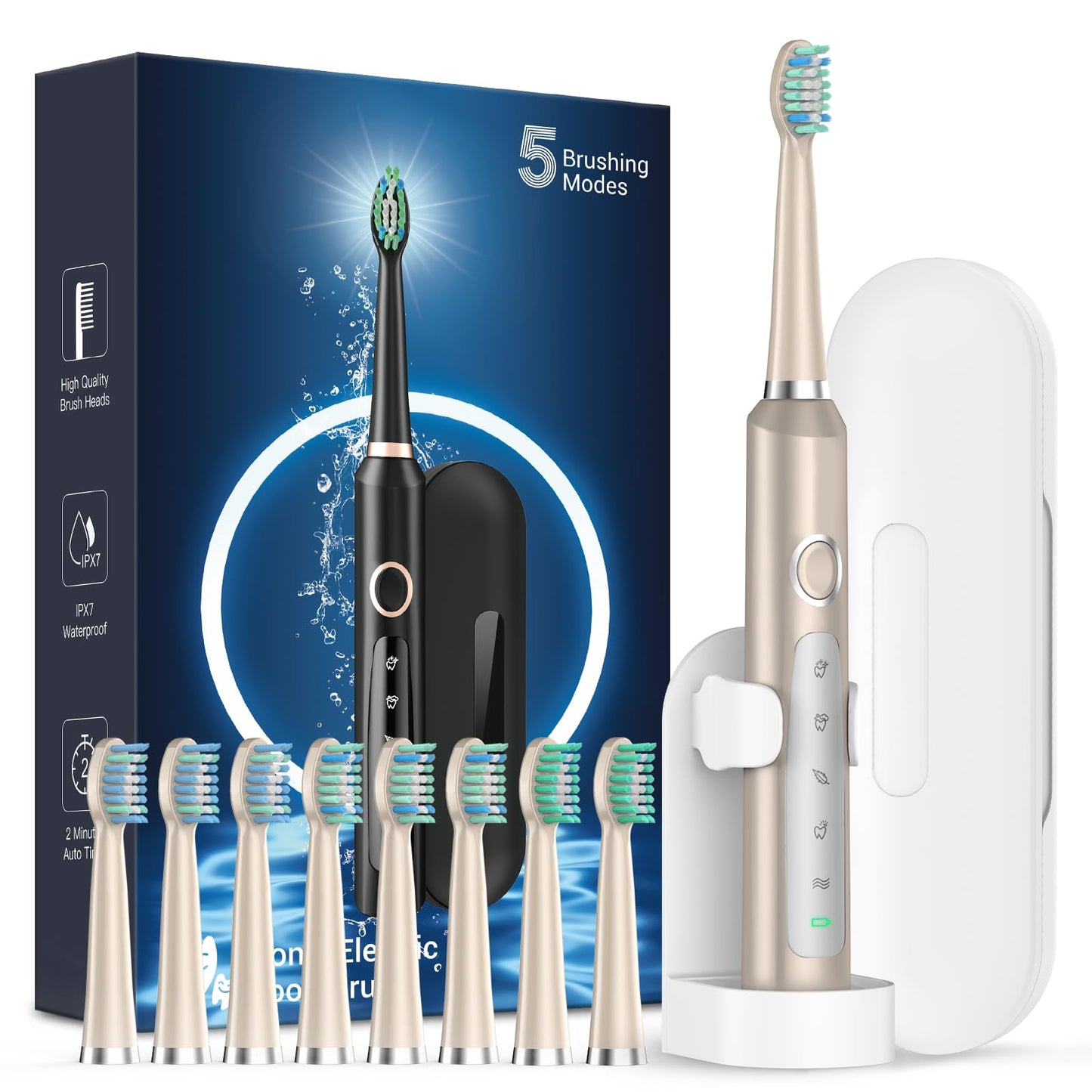 Rtauys M5 Sonic Electric Toothbrush for Adults and Kids - Rechargeable Electric Toothbrush Kids Ages 12+ and Adults with 8 Brush Heads & Travel Case, 120 Days Battery Life - Pink