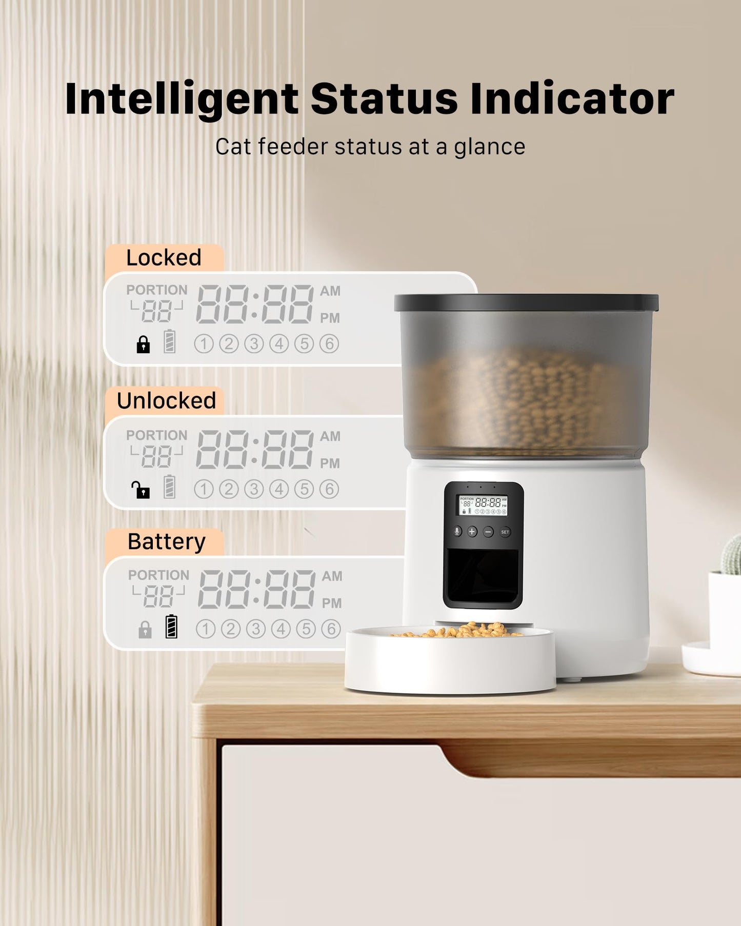 BEMOONY Automatic Cat Feeder, Cat Food Dispenser with 1-6 Meals, Customized Feeding Schedule for Cats & Dogs, Dual Power Supply, Double Lock, 10s Voice, 3L Pet Feeder Including Desiccant Bag, White