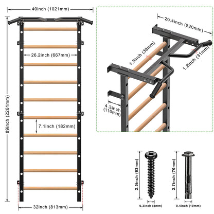 Kipika Gymnastic Stall Bar - 2"x2" Swedish Ladder with 1" Hole, Wall Mounted Pull-up Bar Ladder Suspension Trainer, Solid Wood Grips Gymnastics Training Bar for Home, Wall Gym, School