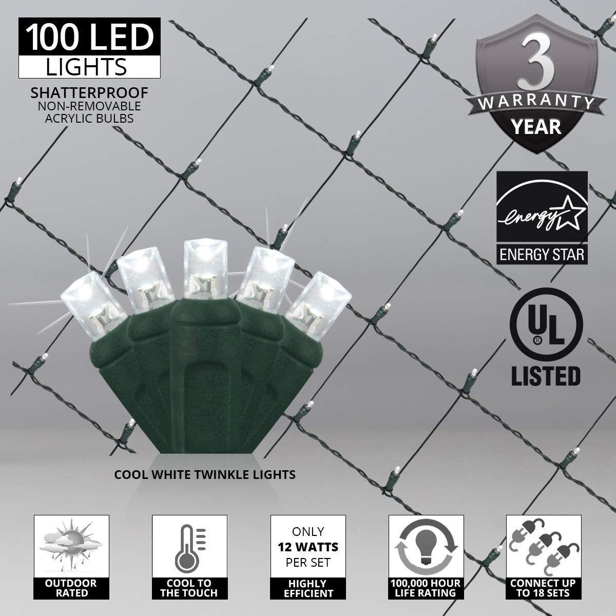 Wintergreen Lighting 100 5mm Cool White Twinkle LED Net Lights, 4 x 6 ft Green Wire Indoor/Outdoor Commercial Grade Holiday Hedge, Bush & Outdoor Christmas Décor