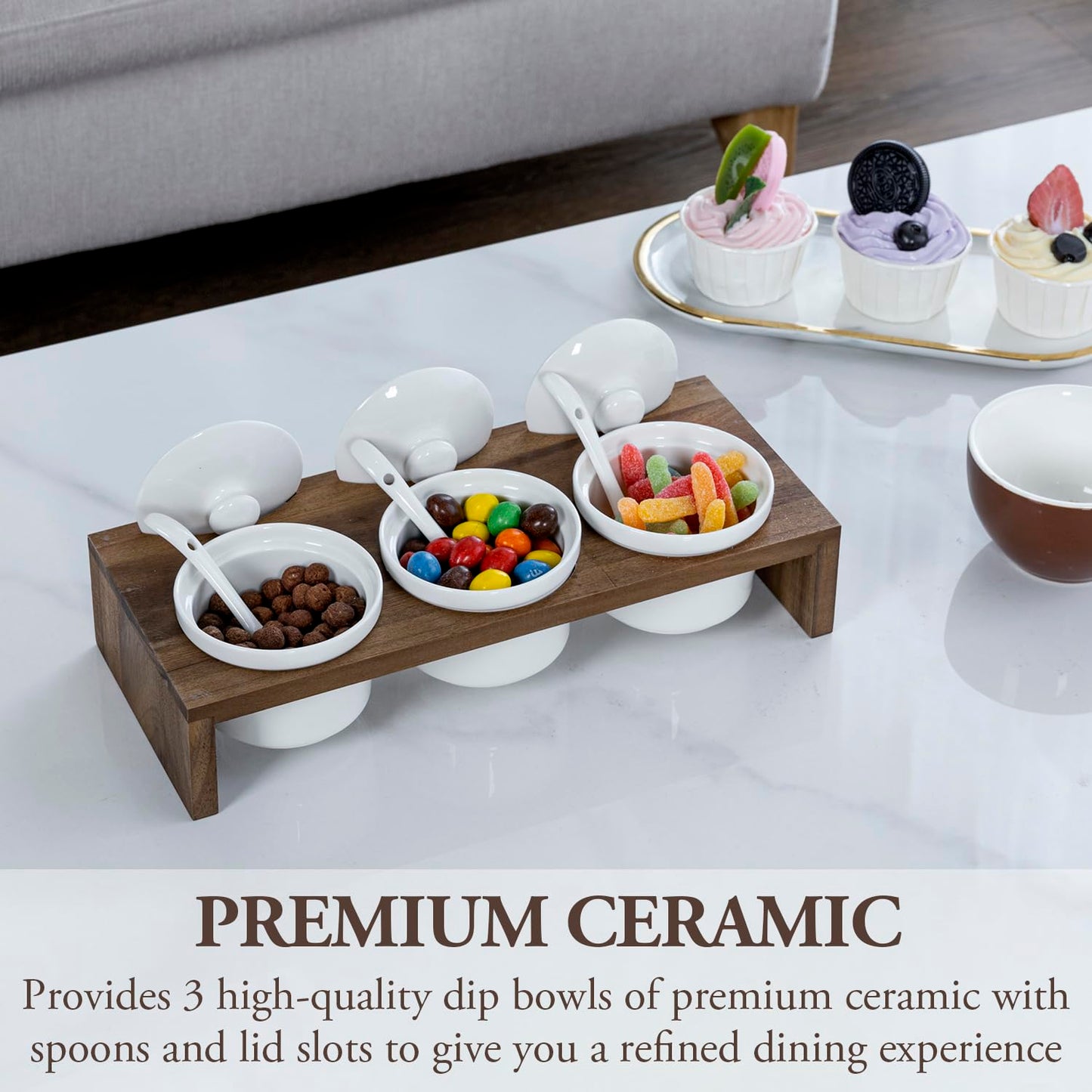 MyGift 10 Pcs Condiment Pot Serving Dish Set, Hosting Essentials, Premium Acacia Solid Wood Raised Display Server Tray and 3 Ceramic Ramekin Dip Bowls with Lids and Spoons