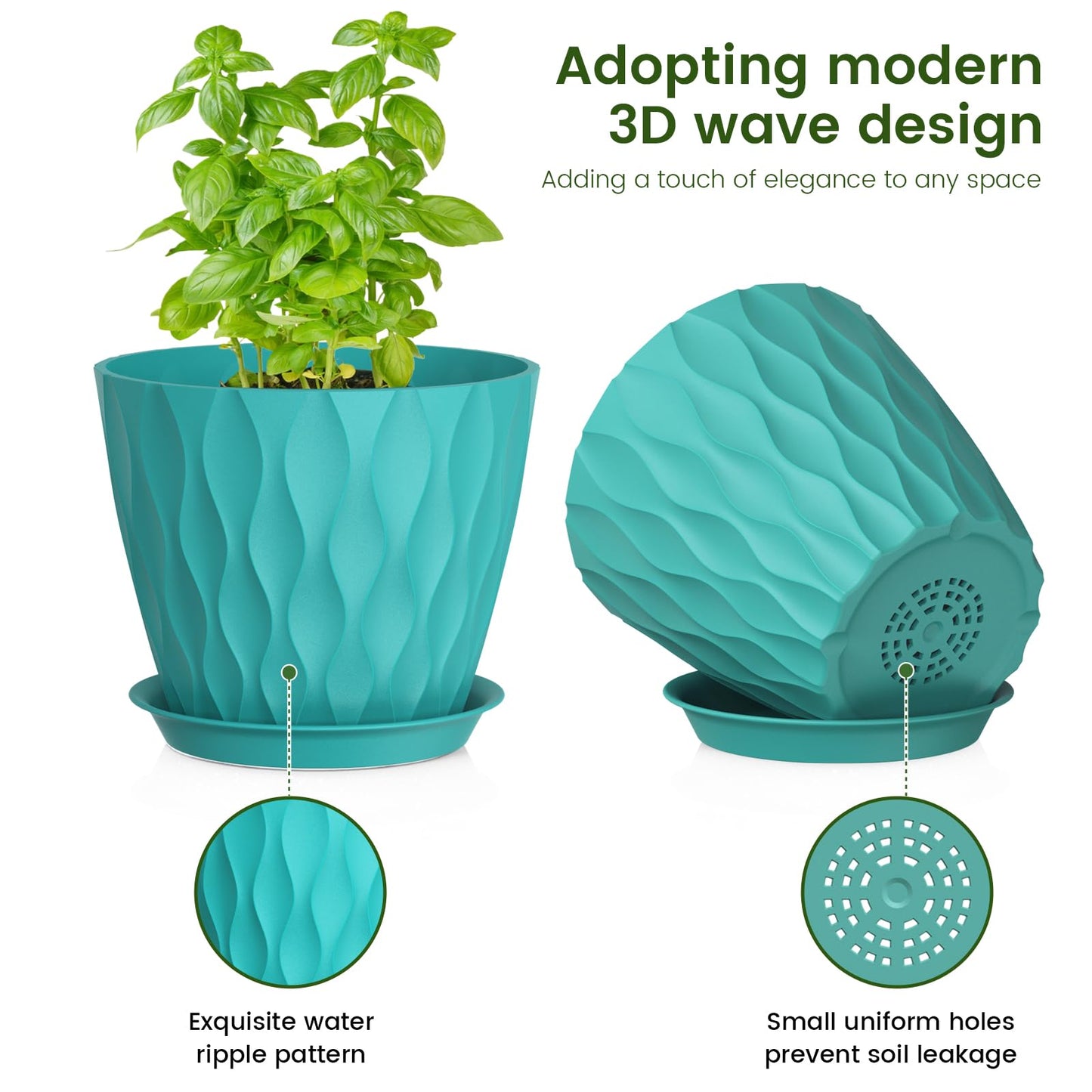 Meowell 7/6.5/6/5.5/5/4.5/4 inch Plant Pots for Indoor Outdoor Plants, 7 Pack Thick Flower Pots with Drainage Holes and Saucers, Modern Wave Texture Small Plastic Planters Nursery Pots, Blue Green