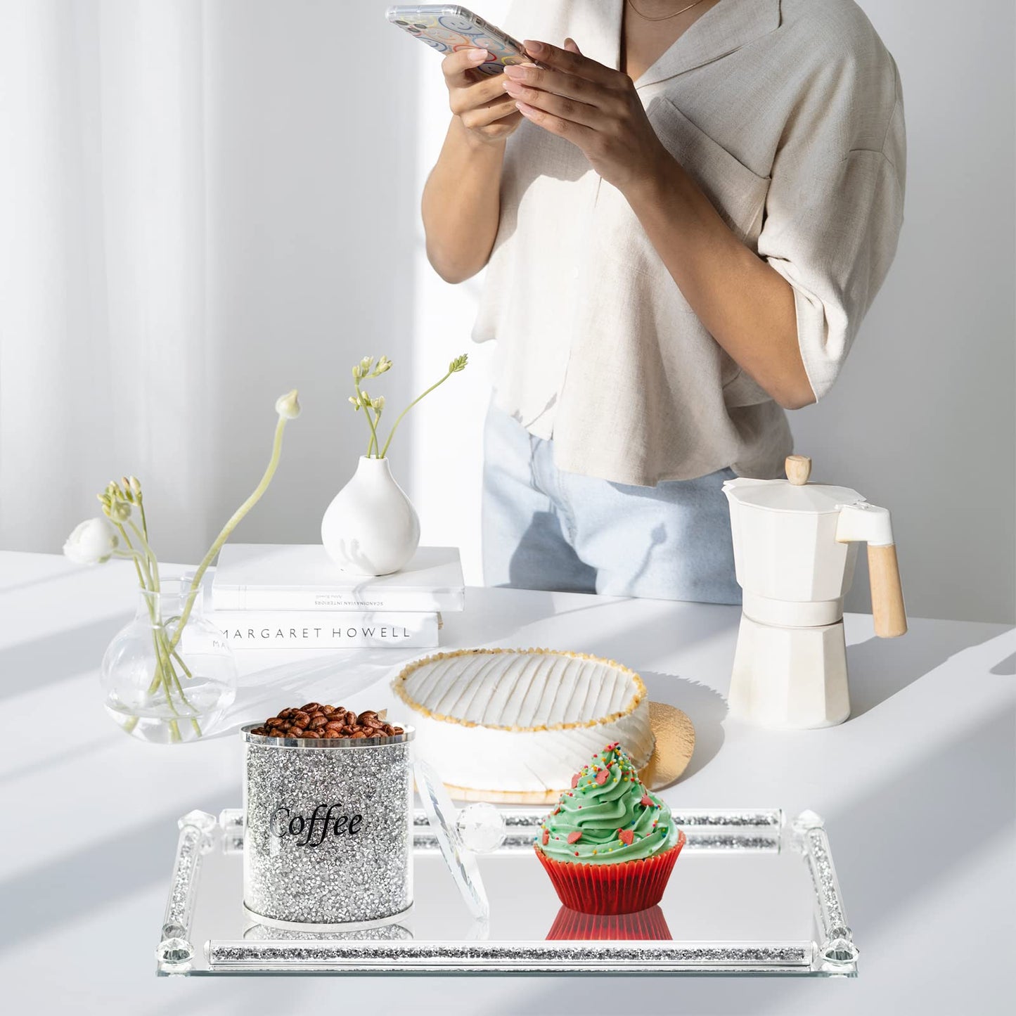 HMRCYTE Glass Mirror Vanity Tray, 13.8" x 5.9" Crushed Diamond Silver Crystal Rectangular Perfume Makeup Display Tray, Jewelry Trinket Cupcake Holder for Home Decor Christmas Banquet Party Gift