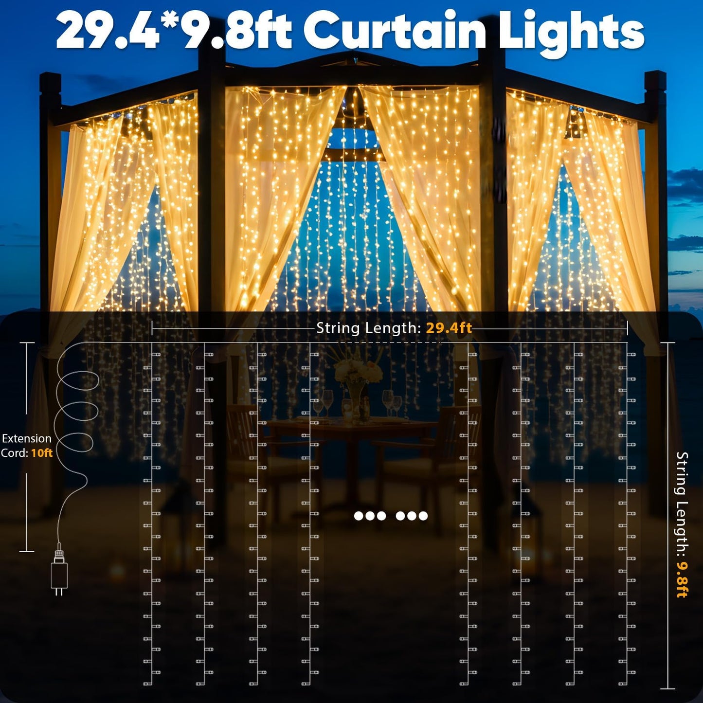 suddus 900 LED Christmas String Lights Outdoor, 9.8x29.5ft Curtain Lights Plug in with Remote,Wall Hanging Lights for Christmas,Dorm,Wall,Window,Wedding,Party,Birthday Decor,Warm White