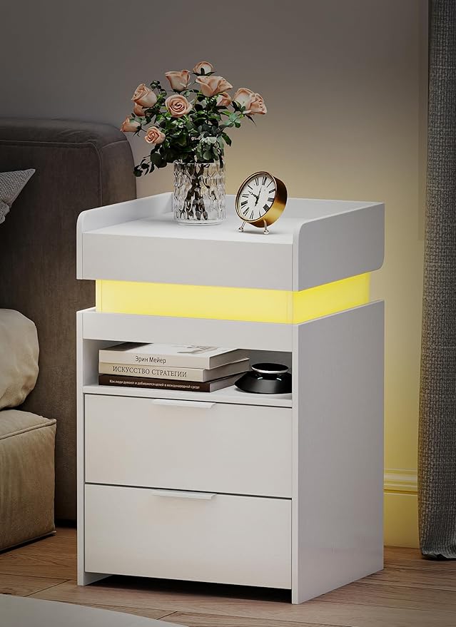 Turosur LED Night Stand with Gun Drawer, Smart Nightstand with Hidden Charging