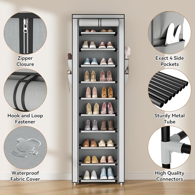 ROJASOP Shoe Rack with Covers 10 Tier Large Shoe Organizer Tall Shoe Closet