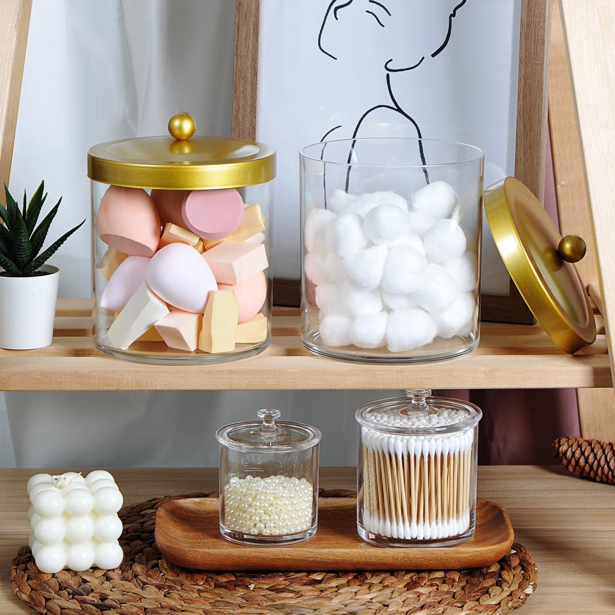 2 Pack 50 Ounce Large Clear Apothecary Jar with Gold Rust-Proof Lid - Shatterproof Plastic Storage Canister - Modern Luxury Bathroom Vanity & Laundry Room Organizer for Pods, Bath Salts