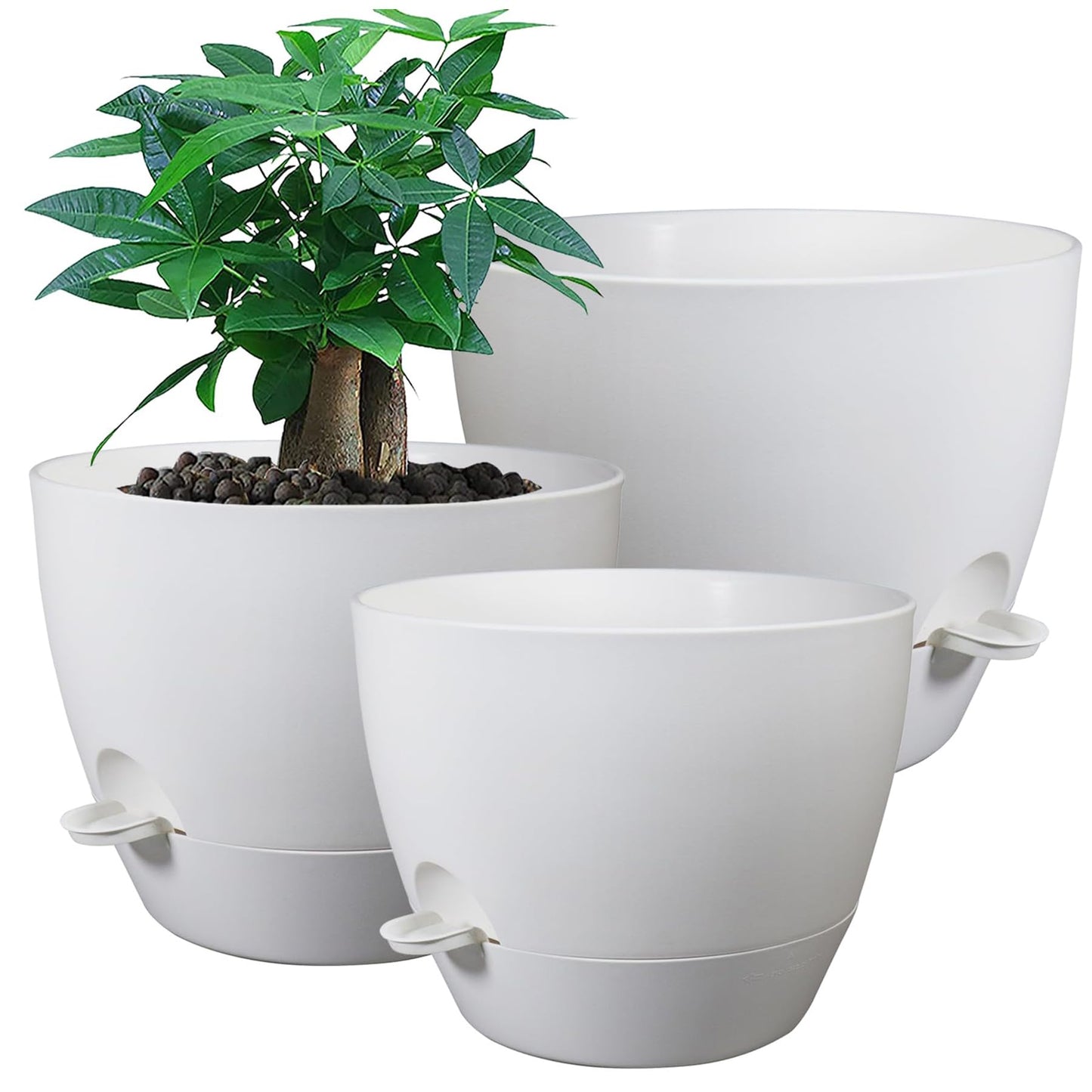 UOUZ Large Self Watering Pots, 12/10/9 Plastic Planters with High Drainage Holes and Deep Reservoir for Indoor Outdoor Garden Plants and Flowers, White