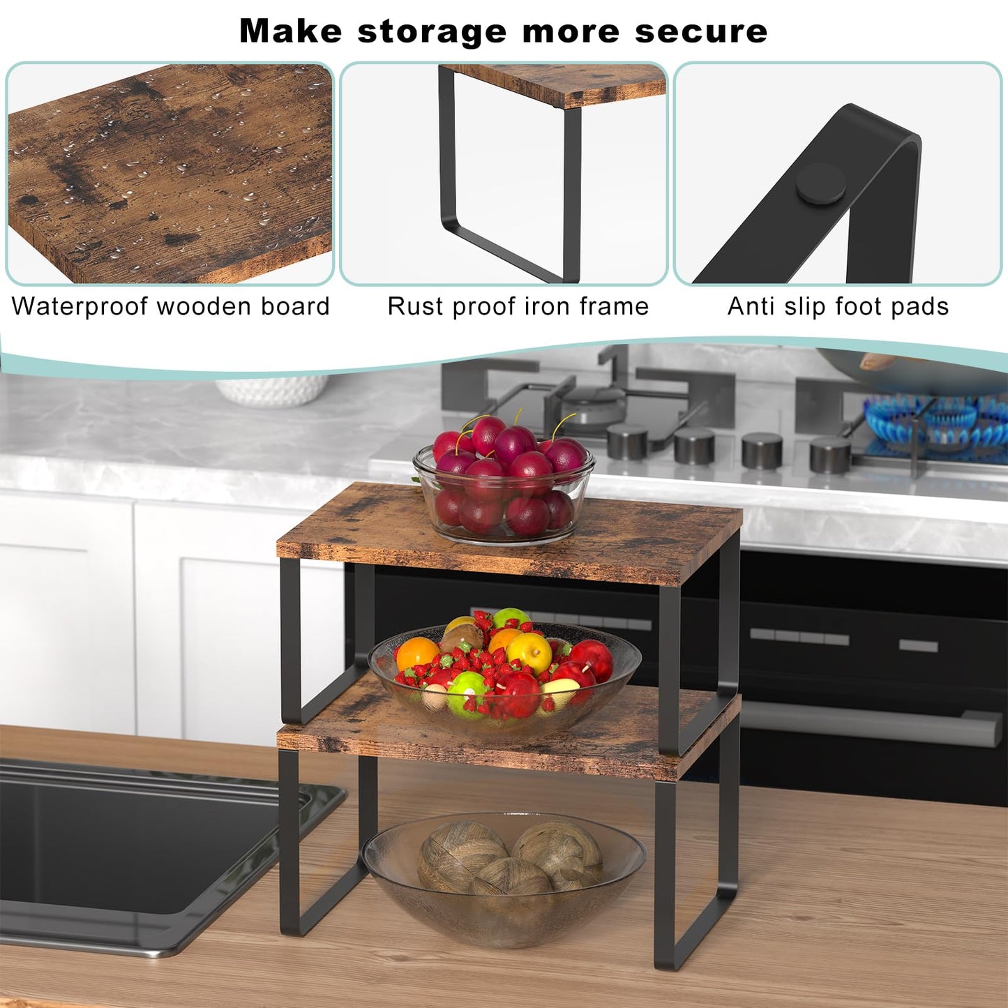 Set of 4 Counter Shelves Kitchen Stackable Cabinet Shelf Wood Organizer Expandable Counter Top Racks Brown Bathroom Counter organizer