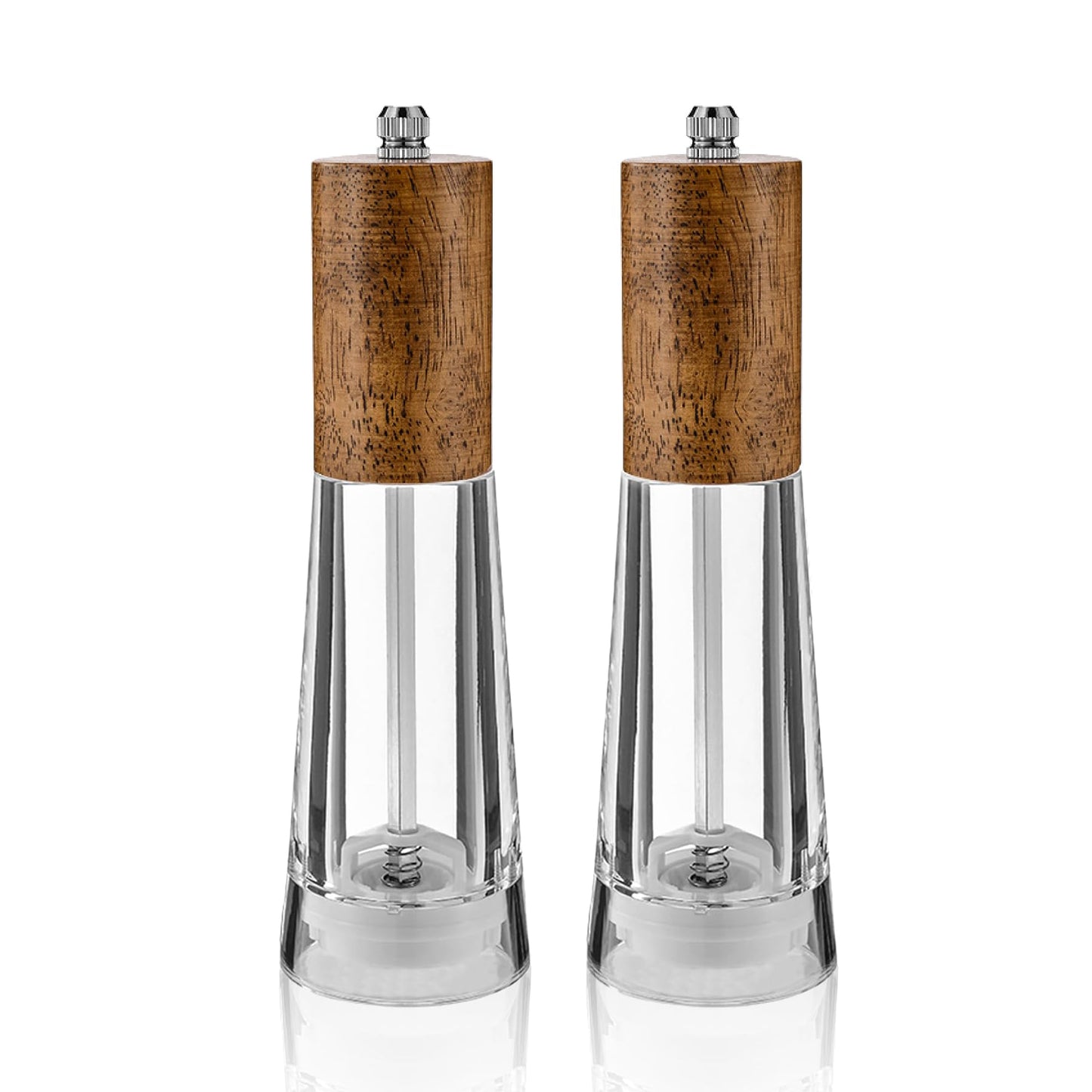 Salt and Pepper Grinder Set, Acrylic Pepper Mill with Adjustable Coarseness Wooden Pepper Grinder, Manual Salt Shake Refillable for Kitchen, Pack of 2 (Light Wood)