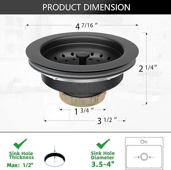 Black Sink Drain 3-1/2 Inch Matte Black Kitchen Sink Drain Strainer Assembly Kit