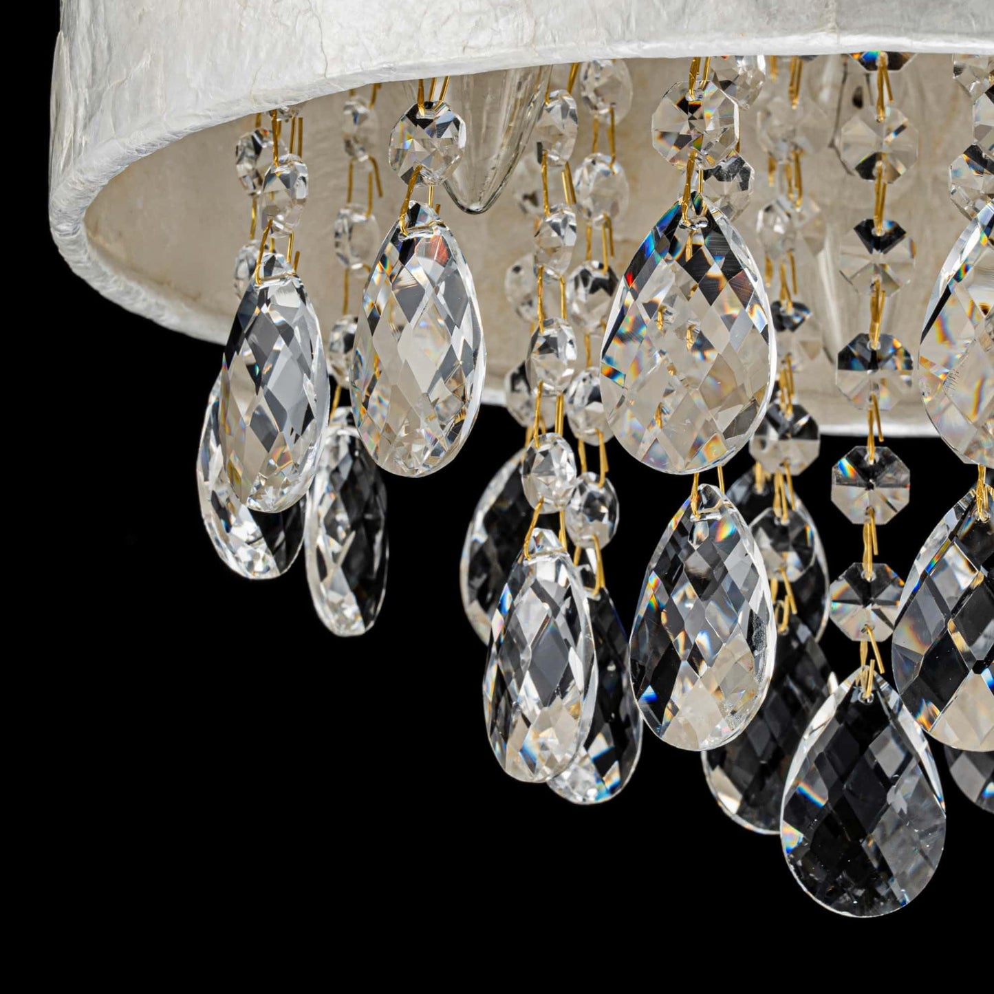 LumFurn D12in Drum Capiz Shell Crystal Ceiling Light, 3-Light Coastal Style Semi-Flushmount Light Fixture for Hallway, Entryway & Bedroom, K9 Crystal & Shell Lampshade & Gold Finish Frame