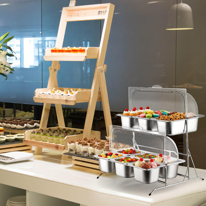 Lallisa 2 Tiered Ice Food Serving Tray Countertop Food Serving Display Container for Buffet Restaurant Party, with Clear Roll Top Cover 6+3 Pan Buffet Condiment Dispenser