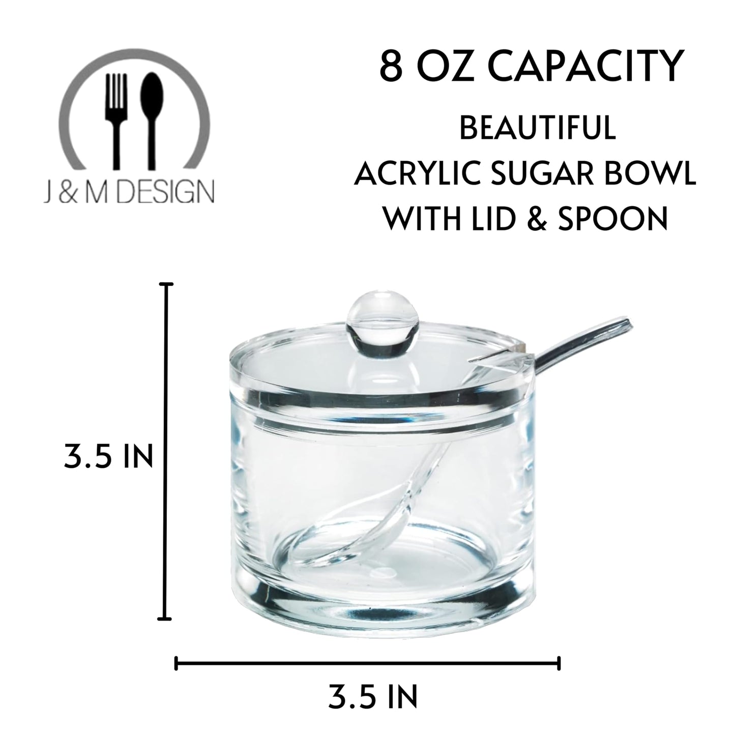 J&M DESIGN Sugar Bowl With Lid And Spoon, 8 oz Airtight Container, Clear Acrylic Sugar Jar Holder for Coffee Bar, Tea and Baking