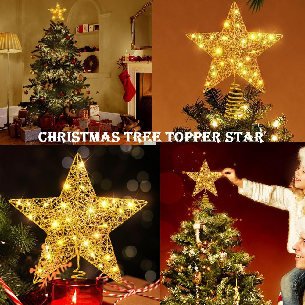8 inch Christmas Tree Toppers Gold Glitter Star Metal Lighted with 20 LED Lights for Xmas Decorations, Holiday Party Indoor Bar Office Decor