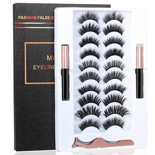 BILEYCHA Upgrade 3D Natural Magnetic Eyelashes,Lightweight Magnetic Eyeliner and Eyelashes Kit, 2 Magnetic Eyeliners- No Glue Needed (10 Pairs)