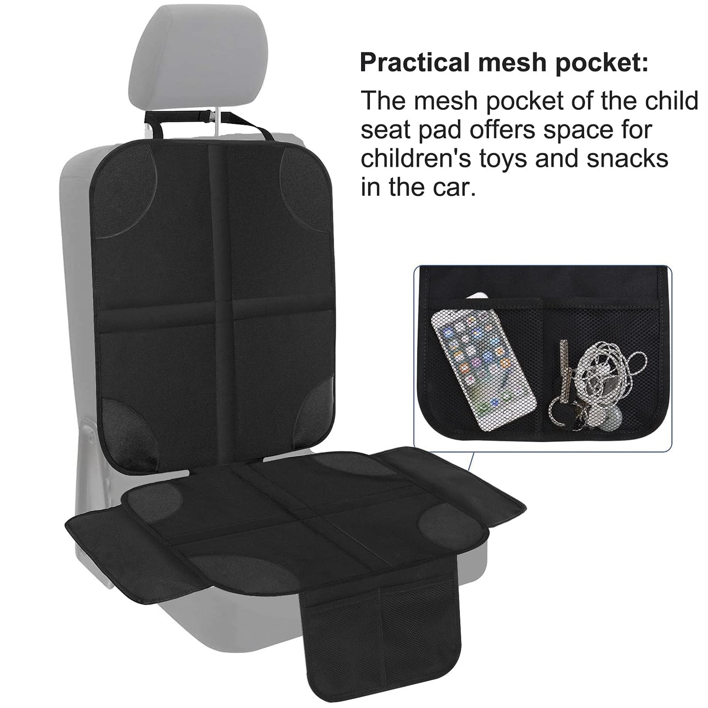 HONZUEN Baby Car Seat Protector Universal Thick Child Seat Protector with ISOFIX with Mesh Pockets Non-Slip Black Child Car Seats Covers Protectors for Kids Seat Liner 1 Pack