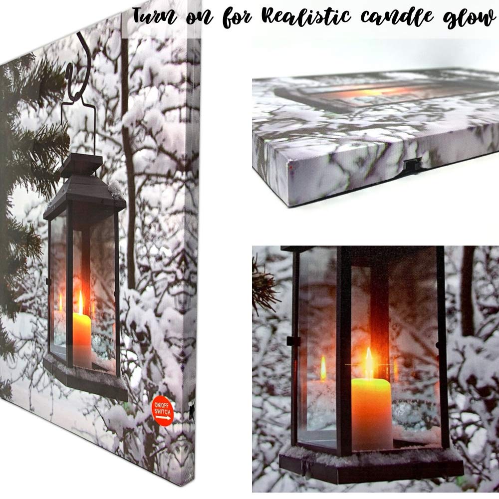 BANBERRY DESIGNS LED Wall Art - Winter Lantern Lighted Canvas - Light Up Snowy Scene With a Glowing Black Lantern - Light Up Canvas Print - Christmas Wall Art - Measures 11.75" x 15.75"