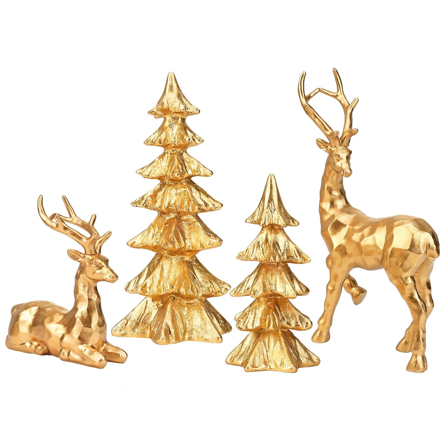 2 Pcs Christmas Tree Figurines and 2 Pcs Christmas Reindeer Figurines, Gold Tabletop Christmas Decorations Resin Christmas Tree and Elk Statues for Table Centerpieces Desk Shelf Fireplace Decor