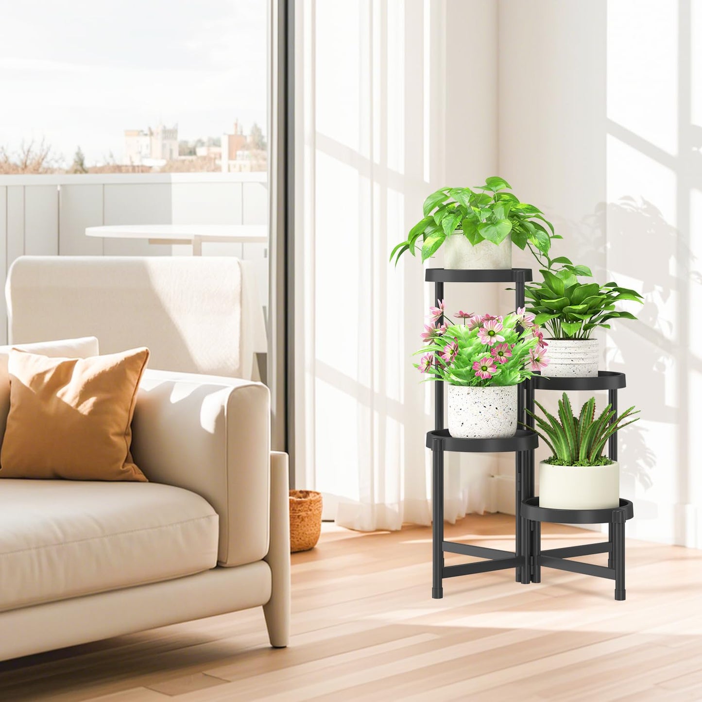 iDavosic.ly 4 Tier Folding Plant Stand Indoor Outdoor with Plastic Tray, Tiered Corner Flower Holder Shelf, Metal Orchid Display Rack for Patio Porch Living Room Garden Balcony, Modern Black