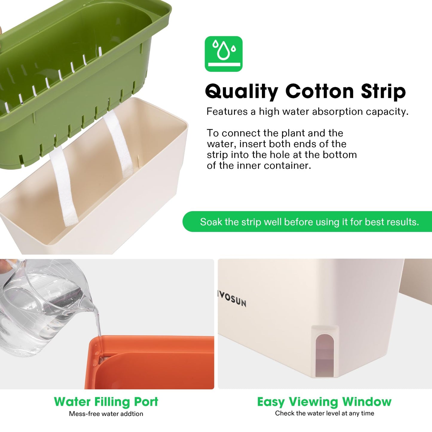 VIVOSUN Self-Watering Planters, 4-Pack 10.5 Inch Compact Rectangular Window Herb Planter Box with 10 PCS Plant Labels, Plant Container for Basil, Flowers, Succulents, Indoor & Outdoor
