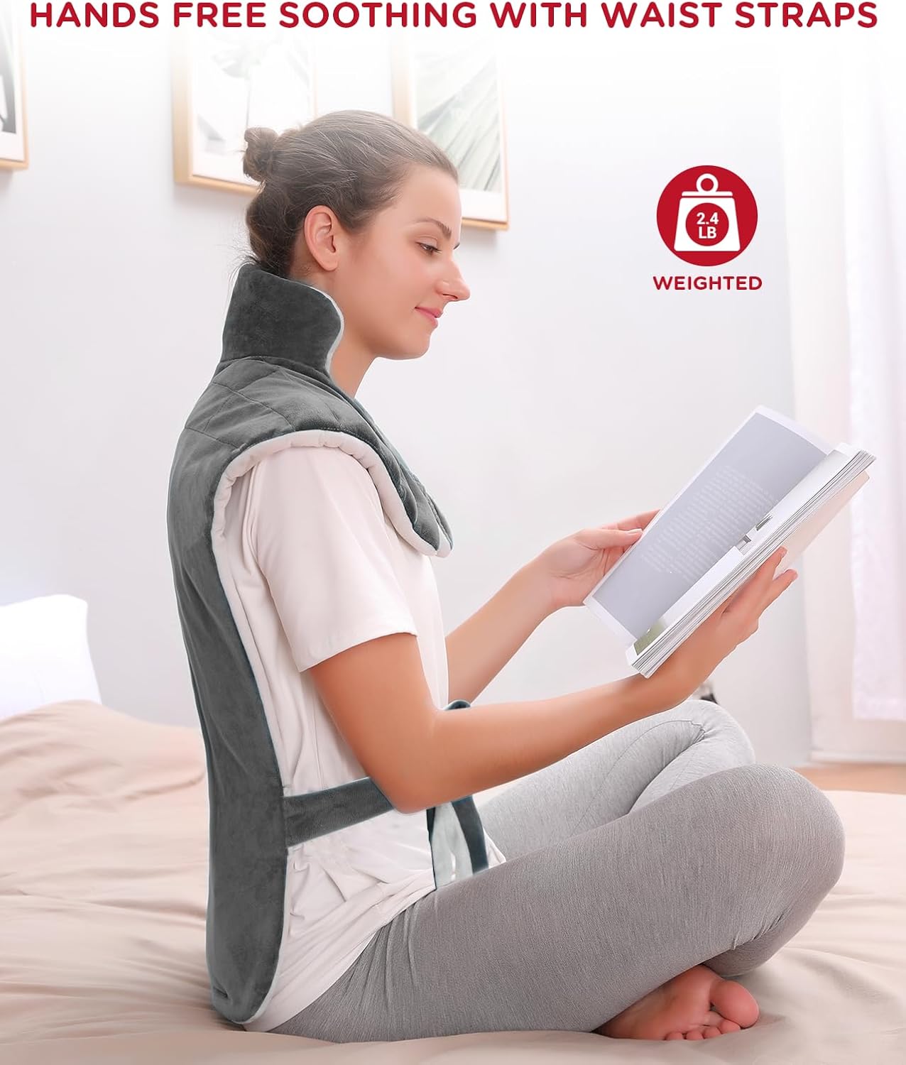 Comfytemp Heating Pad for Back Pain Relief, 22"x33" XXL Weighted Electric Neck Shoulders Heat Pad, 2H Auto-Off, Large Back Heated Wrap, Birthday Gifts for Women Men, Washable, Gray