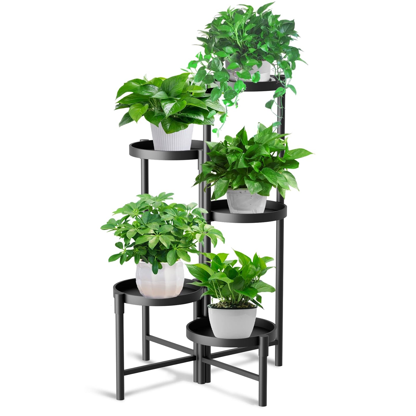 SparkByLiye 5 Tier Heavy Duty Metal Plant Stand for Indoor & Outdoor Use, Foldable Tall Corner Plant Shelf, Black Flower Pot Holder & Display Rack for Living Room, Balcony, Garden, & Patio