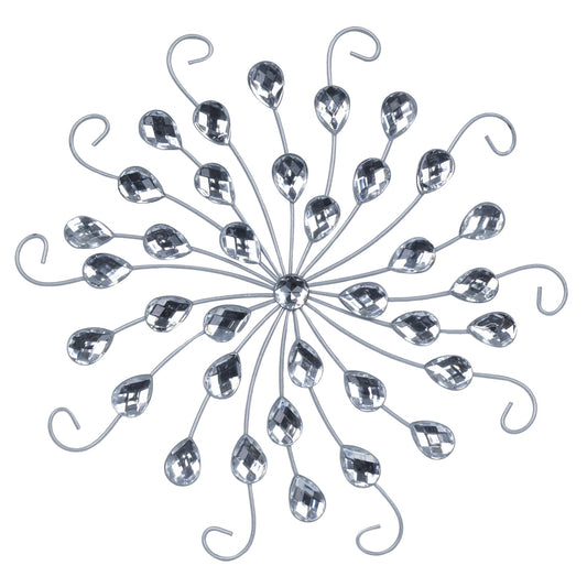 hogardeck Metal Flower Wall Decor, 11" Silver Metal Jeweled Wall Art Bling Crystal Home Décor, Sun Star Burst Rhinestone Wall Hanging Diamond Accents for for Indoor, Outdoor, Living Room, Bedroom