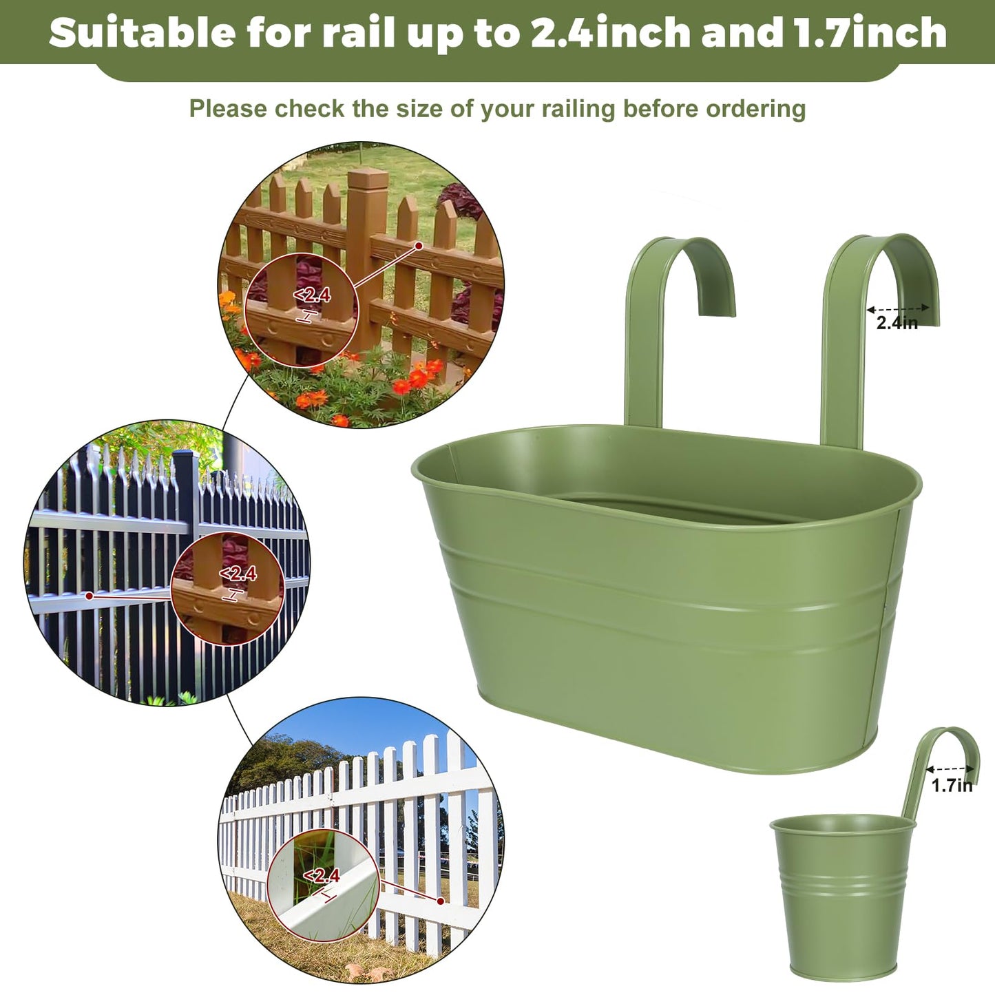 3 Different Size Metal Iron Hanging Flower Pots 10 Pcs for Outdoor Plants Metal Hanging Bucket Pots Iron Railing Fence Planter with Drainage Holes and Hooks for Porch Railing Balcony Fence (Green)