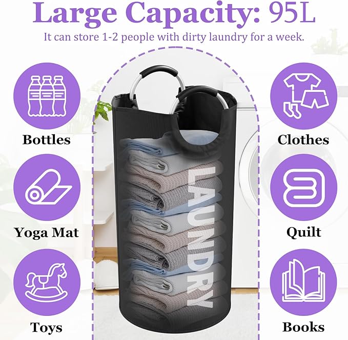 95L Large Laundry Hamper for Adult, Foldable Black Laundry Basket