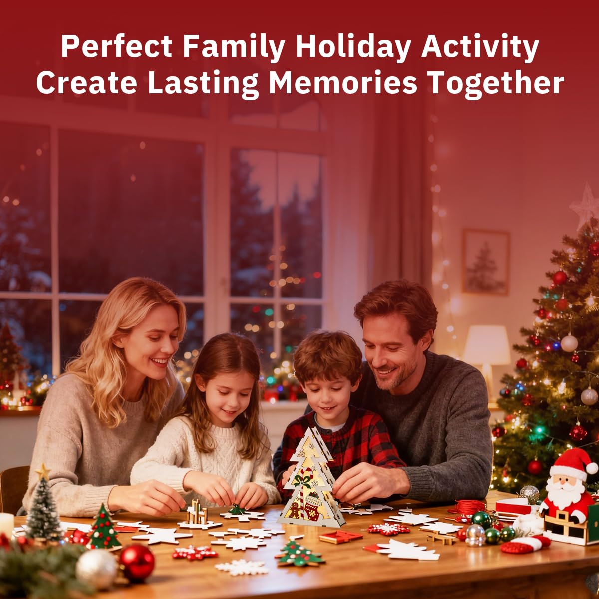 Wooden Christmas Ornaments DIY 3D Puzzle Kit, Pre-Printed Christmas Decoration Craft Kits, Hanging & Tabletop Xmas Creative Craft Activity (Star, Xmas Tree, House & Round Shapes)
