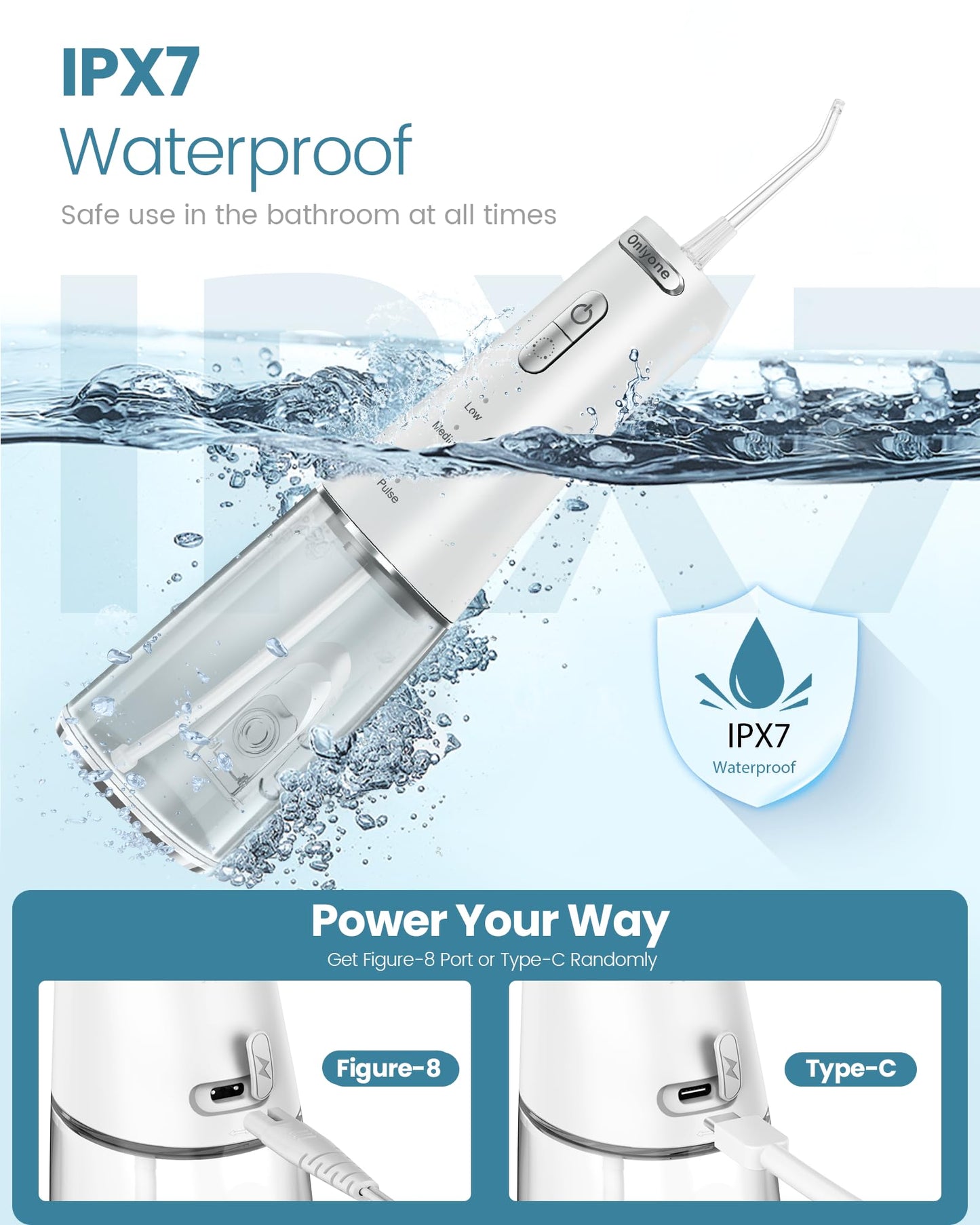 Onlyone Water Dental Flosser, 300ML Portable Oral Irrigator for Teeth, 4 Modes and 5 Jet Tips,Rechargeable Irrigation Cleaner,Electric Flossing Machine Power Flossers & Irrigator Accessories White