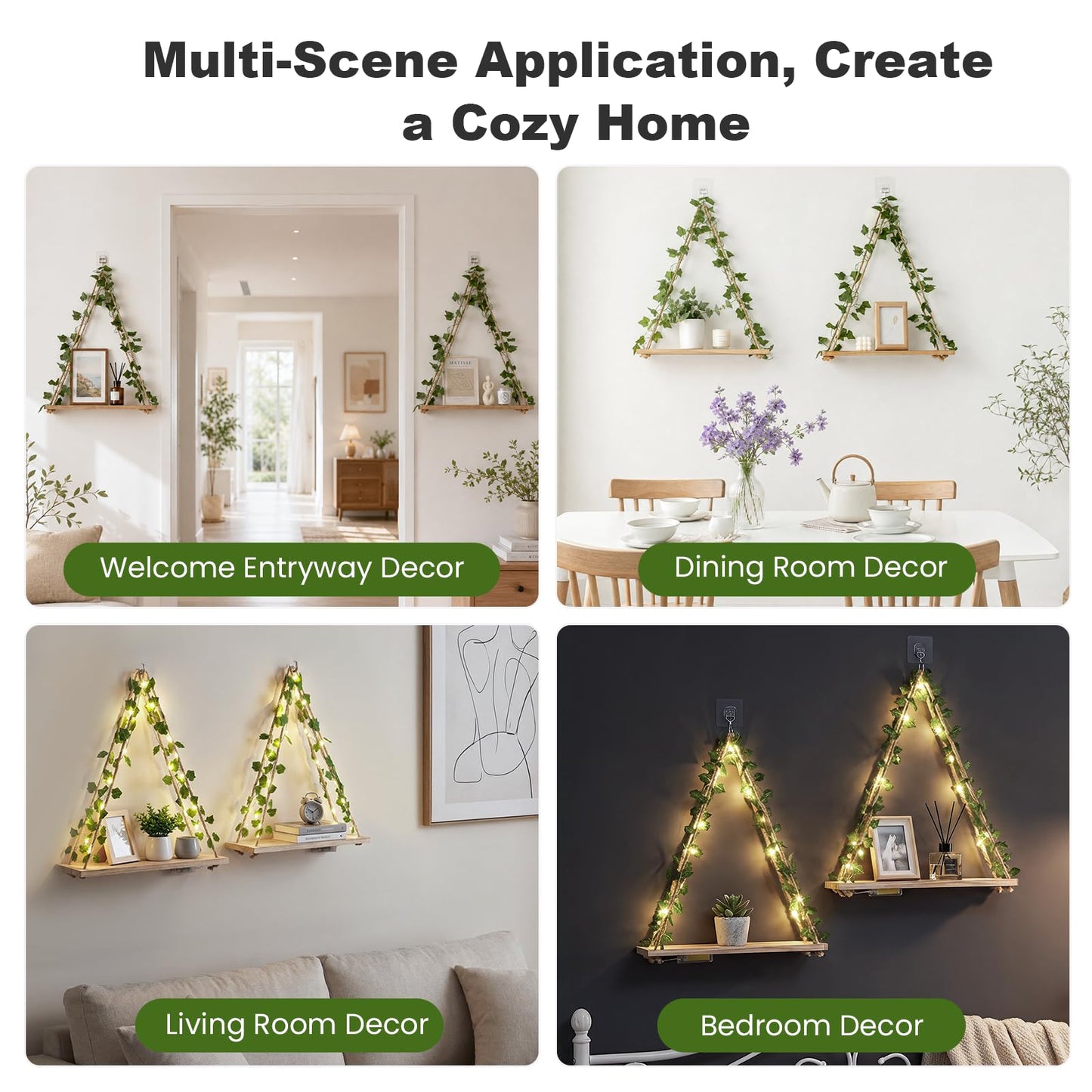 RICHER HOUSE Macrame Floating Shelves for Wall No Drilling, Boho Hanging Shelf with Artificial Ivy and LED Lights, Plant Wall Decor for Living Room Bedroom Dorm