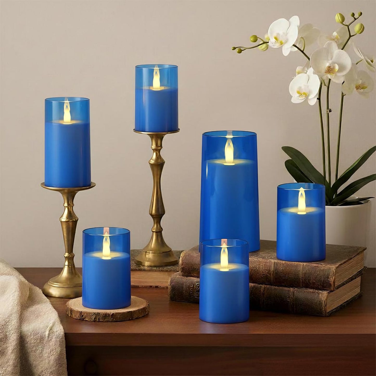Raycare Flameless Electronic Pillar Candles with Remote Control and Timer- Battery Operated Realistic Flickering LED Fake Candle for Home, Wedding, Valentine's Day Decor,Blue,Set of 3(3"x4"5" 6")